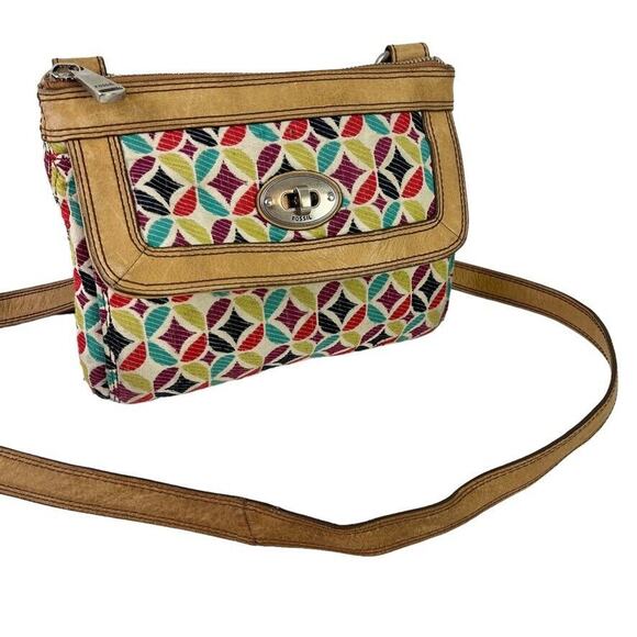 Fossil Leather & Canvas Womens Crossbody Colorful Boho Shoulder Bag Purse Small - Picture 1 of 16